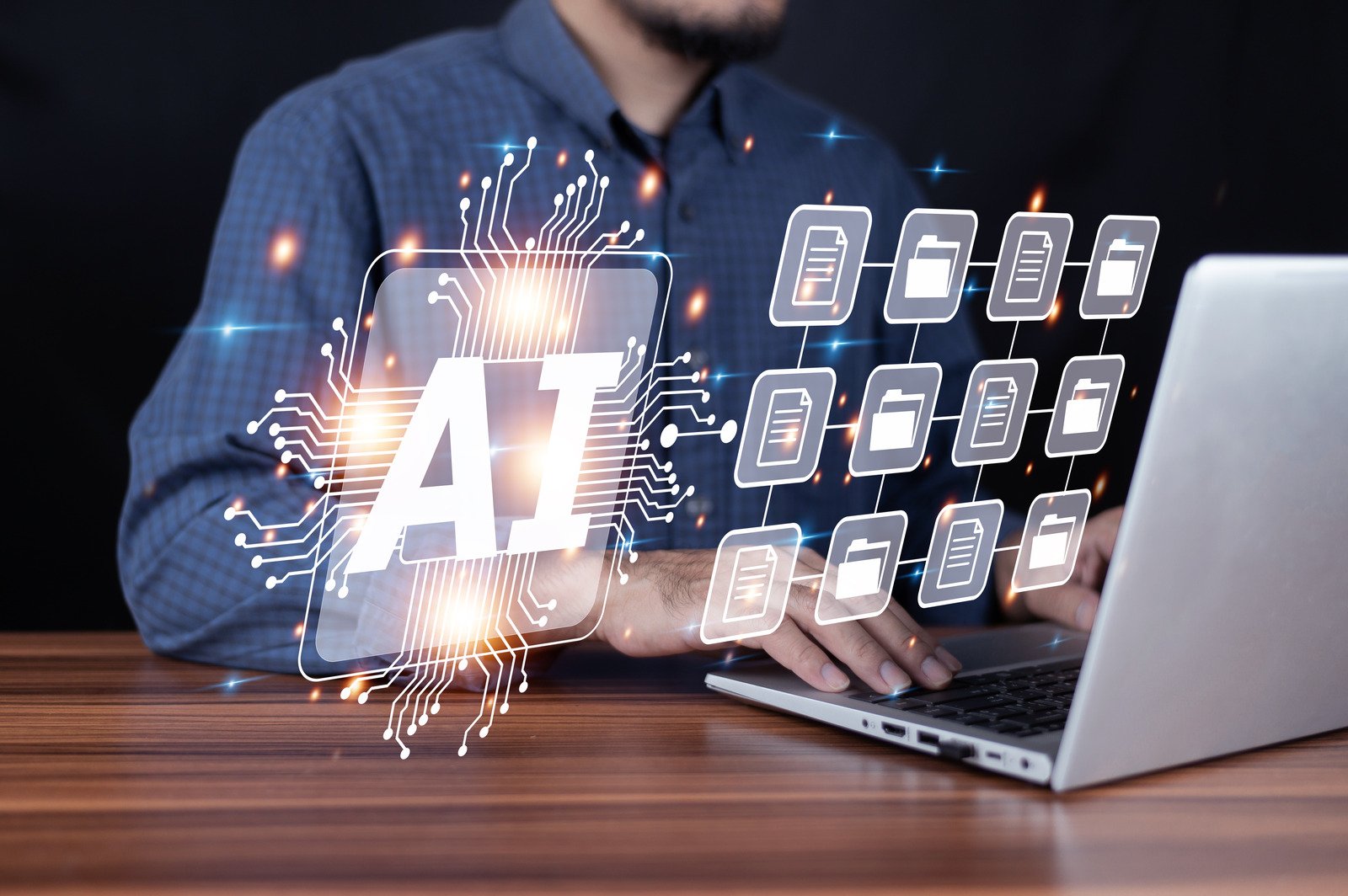 A person typing on a laptop surrounded by digital icons and AI symbols, representing the transformative role of AI in the workplace and efficient digital data management.