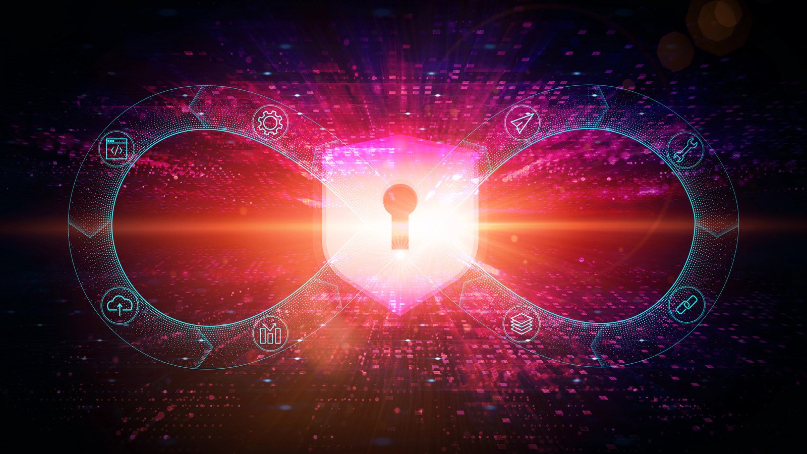 Infinity symbol with technology and security icons, featuring a central glowing shield and keyhole. This depiction of DevOps security sits against a multicolored digital background, illustrating seamless integration and protection in the tech landscape.