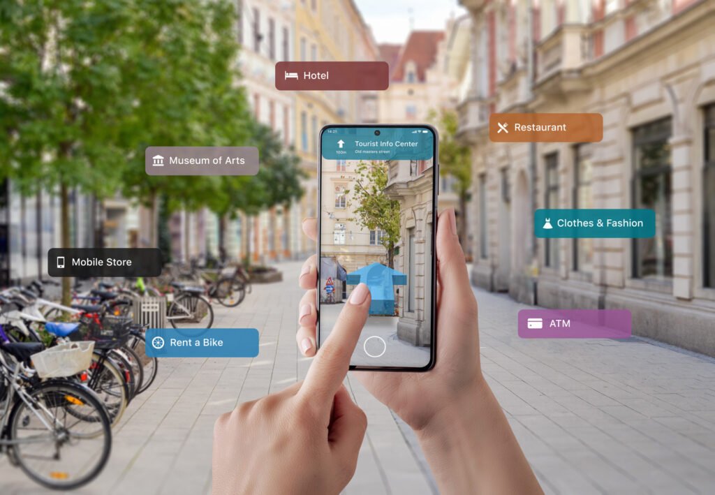 Person holds smartphone showcasing the advantages of augmented reality, with labels like hotel, restaurant, and museum. A vibrant city street unfolds in the background, featuring trees, bicycles, and historic buildings.