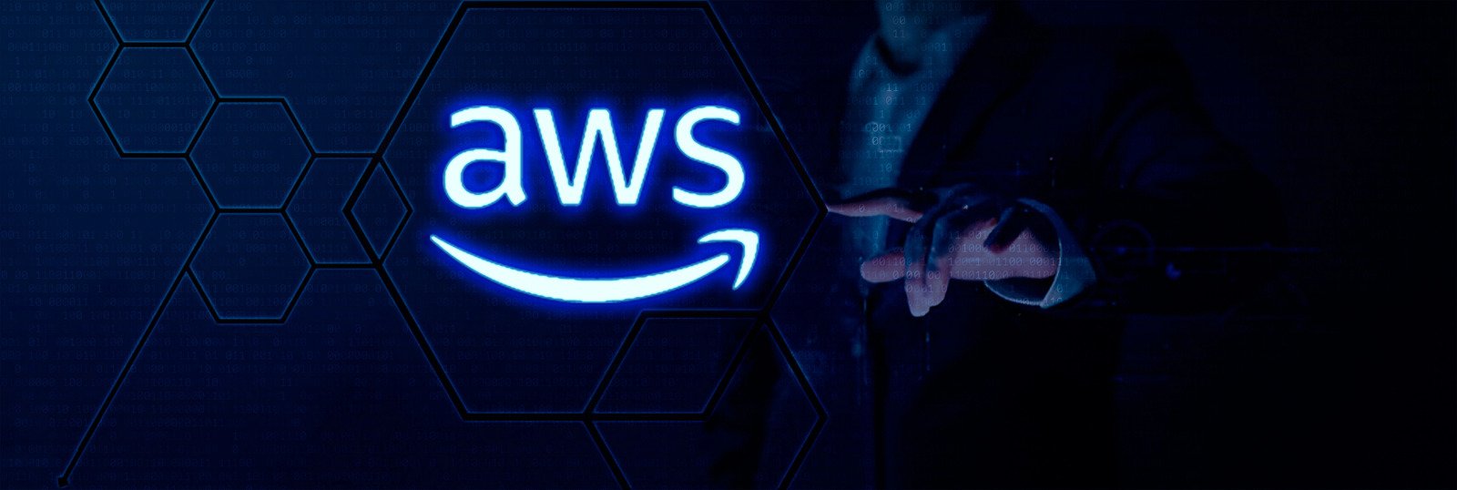 A person points at the glowing AWS CodeDeploy logo within a futuristic digital interface, enhanced by hexagonal patterns in the background.