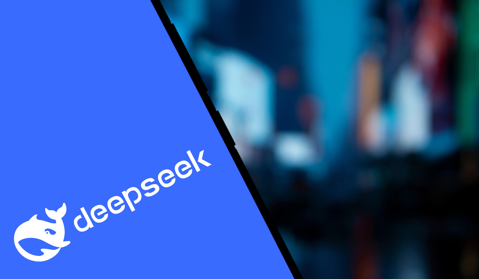 Bright blue screen with deepseek and a whale logo on a smartphone, set against a blurred urban background.