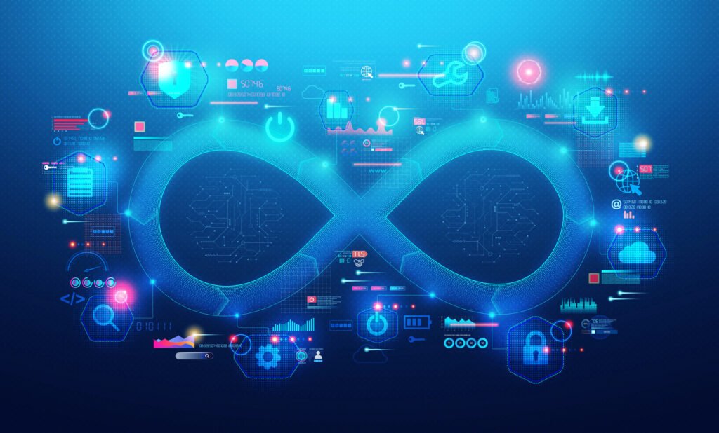 A digital infinity loop, integrated with AWS CodeDeploy icons, is surrounded by colorful data icons, graphs, and abstract circuitry set against a blue background.