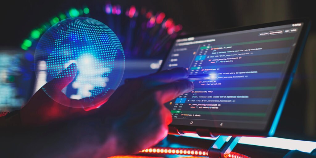 In a dark, tech-focused setting, a hand interacts with a digital holographic globe as a tablet displays colorful code lines, seamlessly integrating AWS CodeDeploy for enhanced deployment efficiency.