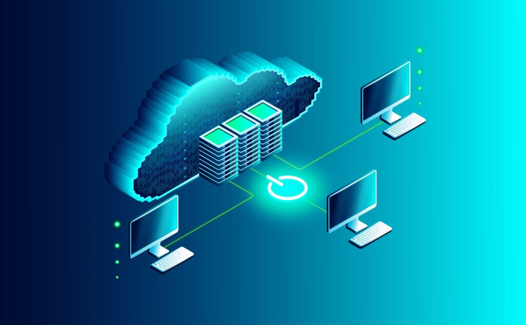 Illustration of the cloud computing concept featuring a cloud, servers, and three connected computers with keyboards and monitors on a blue gradient background, highlighting AWS Lambdas integration.