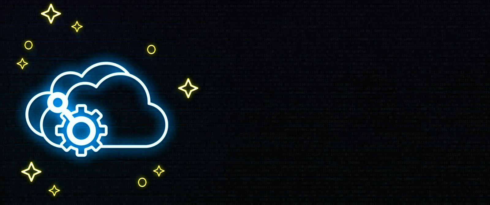 Neon-style cloud and gear icon on a dark background, surrounded by small yellow stars and circles.