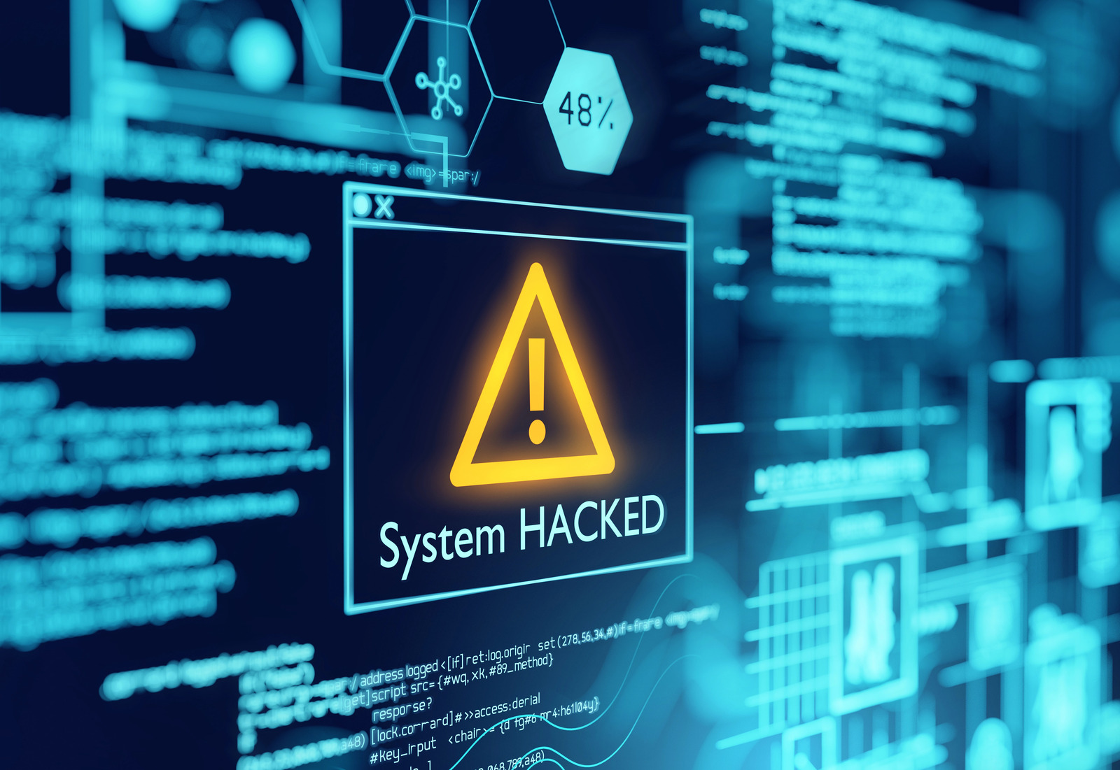 A digital interface displays System HACKED with a warning symbol, surrounded by data and network graphics, highlighting the urgent need for cyber security measures.